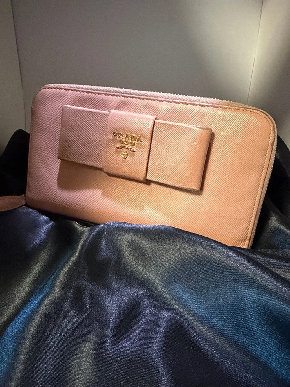 Prada Blush Pink Saffiano Bow Zip Wallet GUC